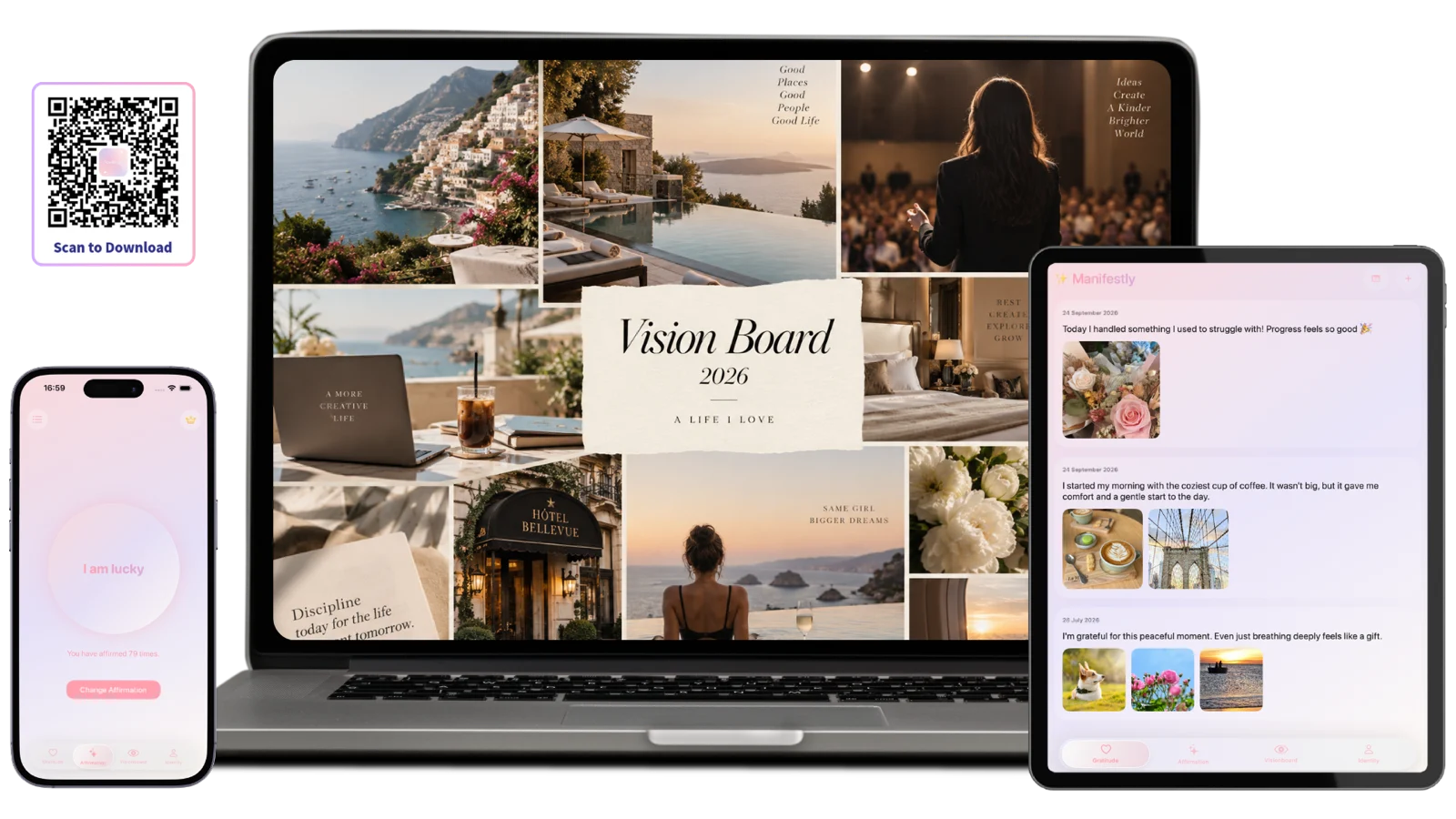 Manifestly, the all-in-one manifestation app, shown on iPhone, MacBook and iPad — a daily affirmation, a 2026 vision board and a gratitude journal