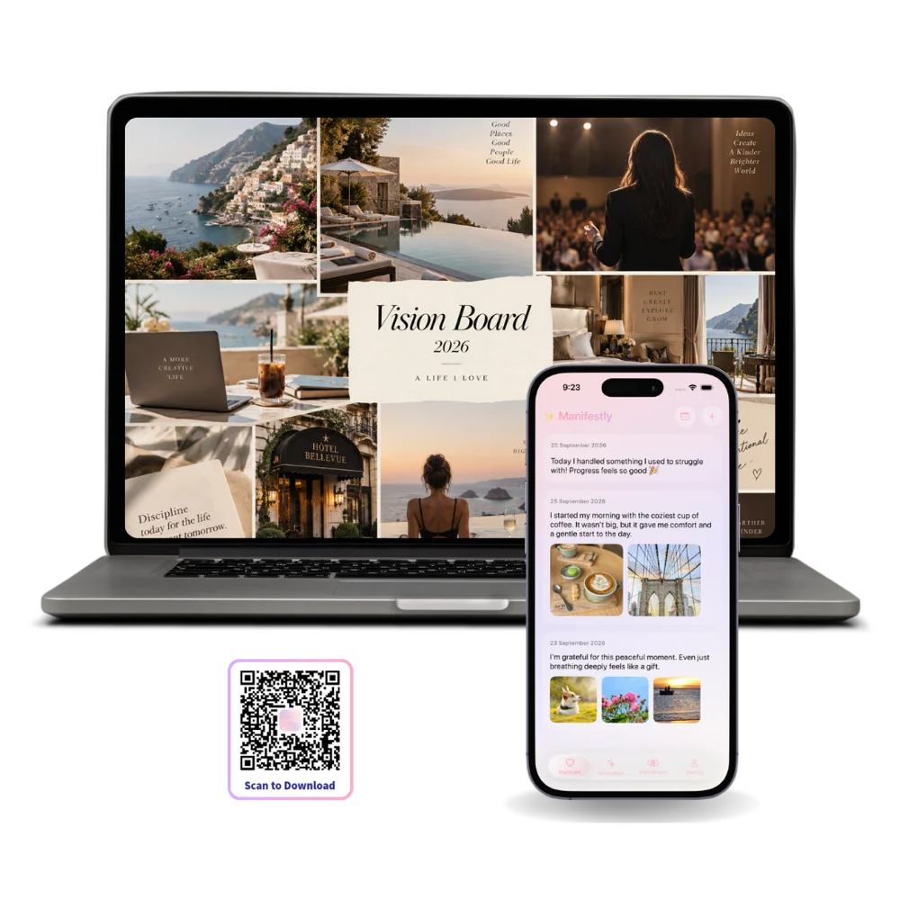 Manifestly on a MacBook showing a full-screen 2026 vision board, beside an iPhone with the gratitude journal