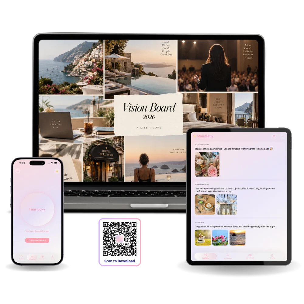 Manifestly running on iPhone, MacBook and iPad, showing a vision board and a gratitude journal
