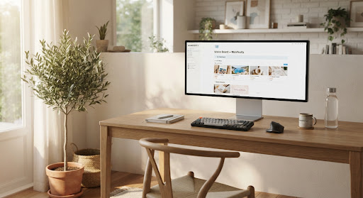 A calm wooden creative studio desk, the kind of workspace people add to a digital vision board