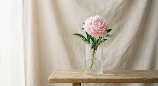 A single peony in a glass vase saved to a vision board